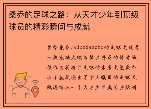 桑乔的足球之路:从天才少年到顶级球员的精彩瞬间与成就 桑乔的足球之路:从天才少年到顶级球员的精彩瞬间与成就