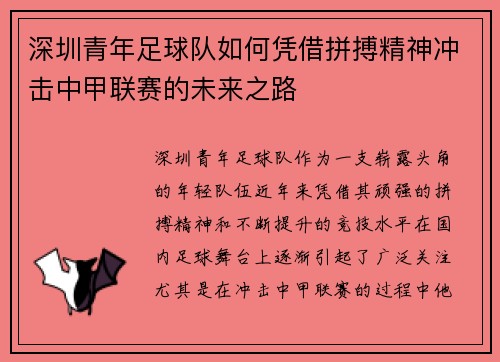 深圳青年足球队如何凭借拼搏精神冲击中甲联赛的未来之路