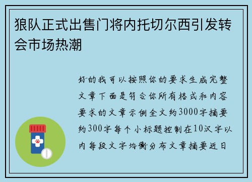 狼队正式出售门将内托切尔西引发转会市场热潮