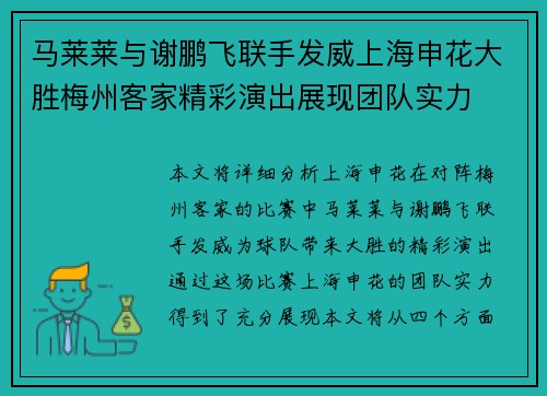 马莱莱与谢鹏飞联手发威上海申花大胜梅州客家精彩演出展现团队实力 马莱莱与谢鹏飞联手发威上海申花大胜梅州客家精彩演出展现团队实力