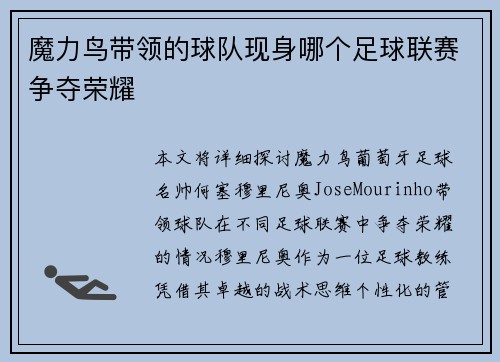魔力鸟带领的球队现身哪个足球联赛争夺荣耀